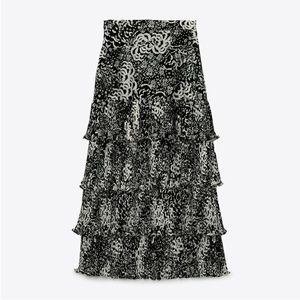 ZARA | black and white ruffle layered maxi skirt